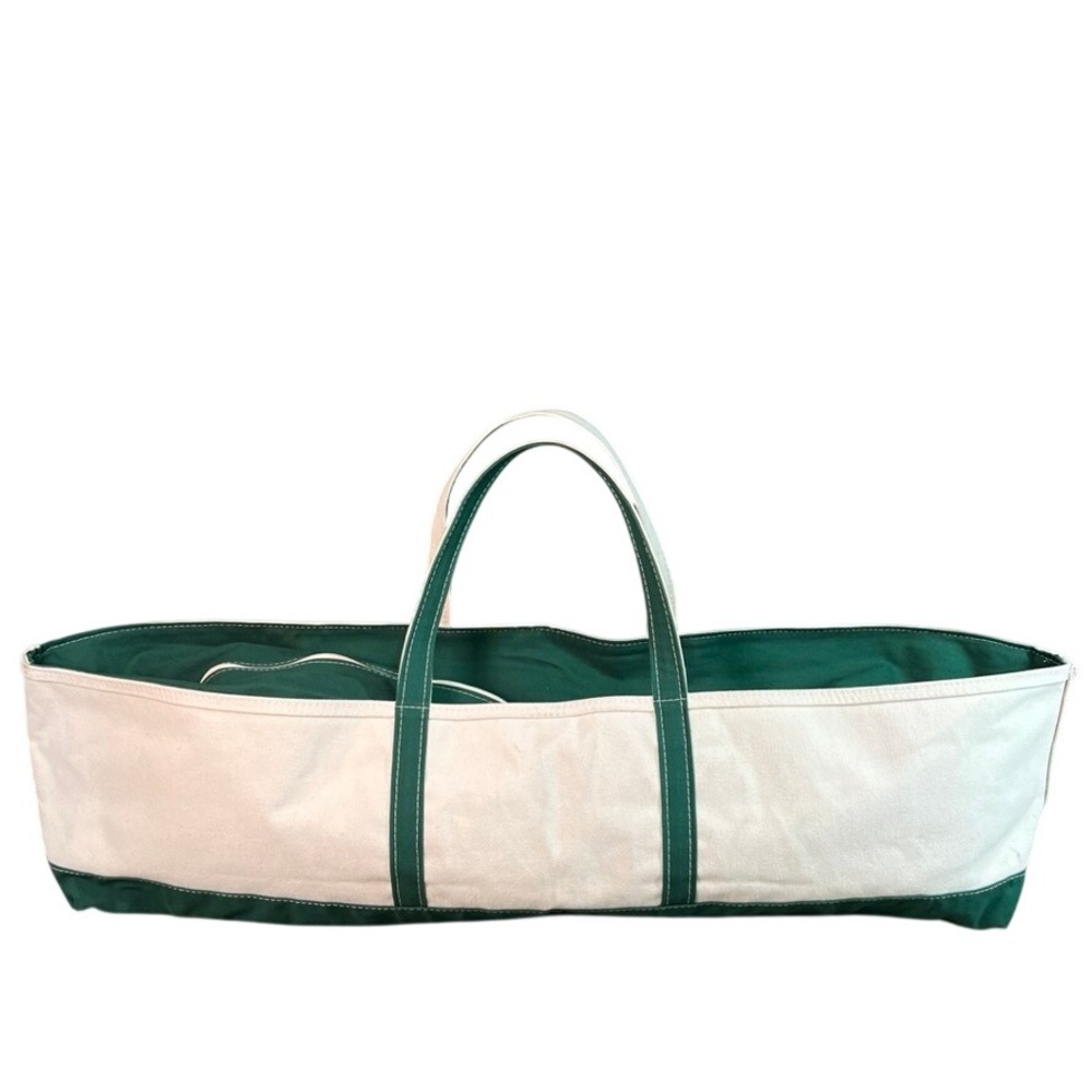 LL Bean Boat and Tote Canvas Bag Green Cream Made in USA Extra Long Utility Tote - Picture 2 of 9